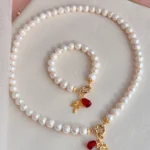 Nar Ve Yaprak Charmlı Altın Uyumlu İnci Set