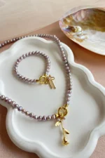 Gümüş Aparatlı Lila İnci Set - Görsel 2